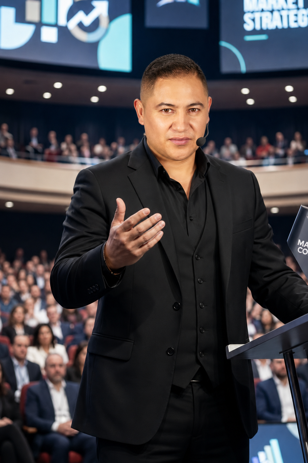 Edwin Argüello enseñando el Método ACV frente a empresarios en un auditorio