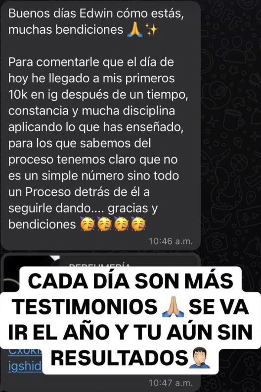 Mensaje de WhatsApp de una clienta contando que llegó a sus primeros 10k seguidores en Instagram