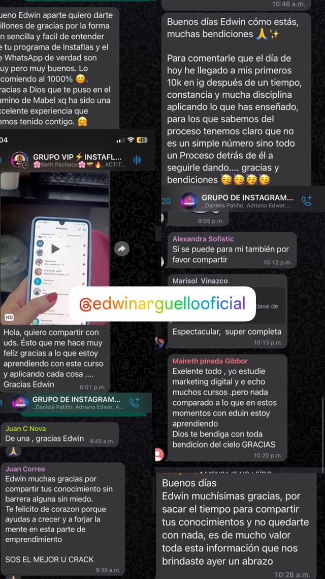 Varios mensajes de agradecimiento de alumnos en los grupos de WhatsApp de Edwin Argüello